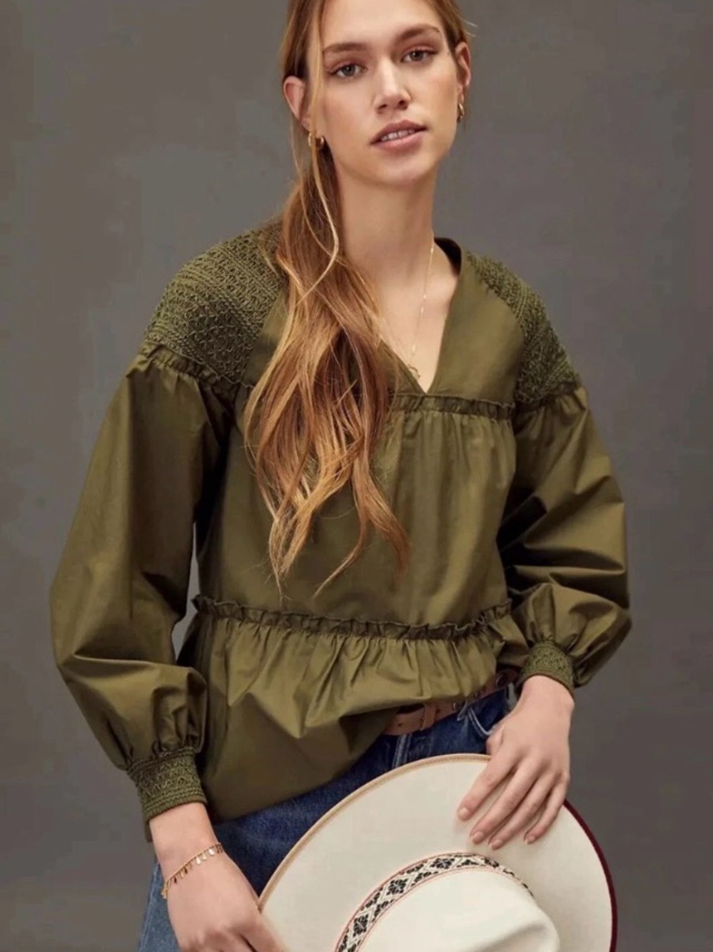 Anthropologie Mare Mare Renee
Smocked Tunic Blouse Olive Green
Sz XS Petite